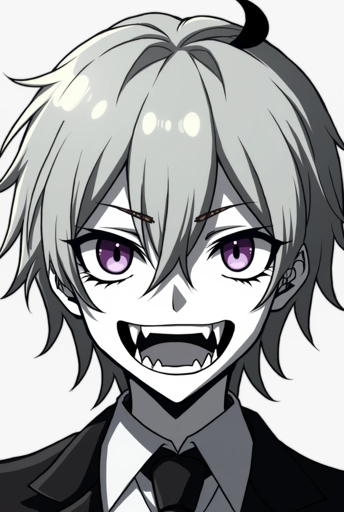 Create a monochrome character for me., One eye is purple, and the other one is gray, his hair is grey with a small black streak, he makes him smile with wolf fangs, the character is male and I want, so that it would be in the anime genre