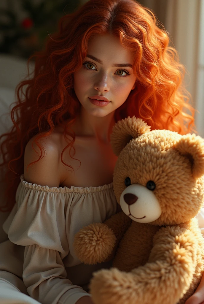 (photorealism:1.2), beautiful woman, wearing loose off-shoulder top, long curly red haïr, soft lighting, relaxed pose, realistic, intricate details, warm colors, qui est en train de dresser un ourson féroce 