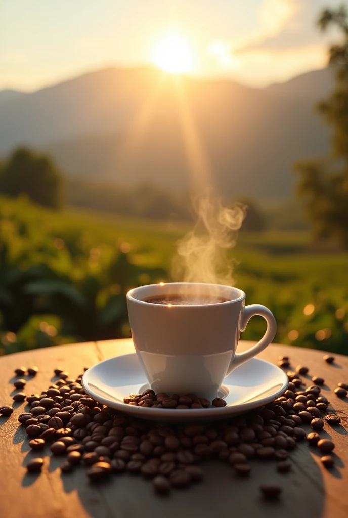 there is a coffee cup on a table with coffee beans, celebration of coffee products, coffee Morning, coffee, light Bright morning on a coffee farm with a mountain in the background, golden hour Morning, natural light Morning, light Strong morning, coffee cup, steaming coffee, time Morning, among coffee beans, sun Full morning, light Sunny morning, coffee beans, cup of coffee