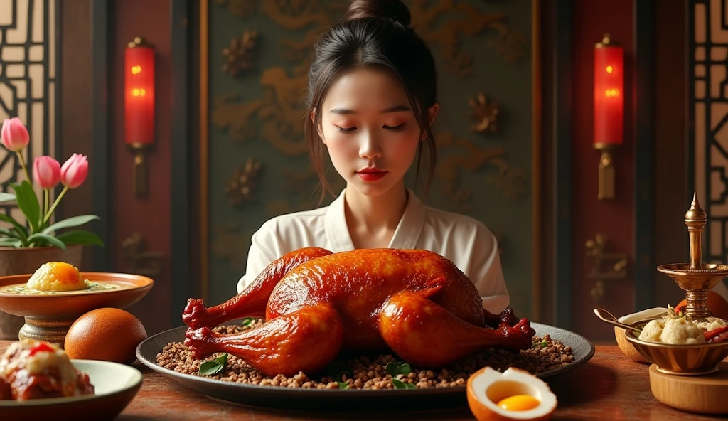 1girl,detailed duck,steaming hot roasted duck,crispy duck skin,glistening duck fat,intricate duck feathers,detailed duck eyes,detailed duck beak,detailed duck feet,mud salted duck eggs,cracked duck eggs,gooey duck egg yolks,detailed background,ornate oriental style,warm color tones,dramatic lighting,cinematic composition,(best quality,4k,8k,highres,masterpiece:1.2),ultra-detailed,(realistic,photorealistic,photo-realistic:1.37)