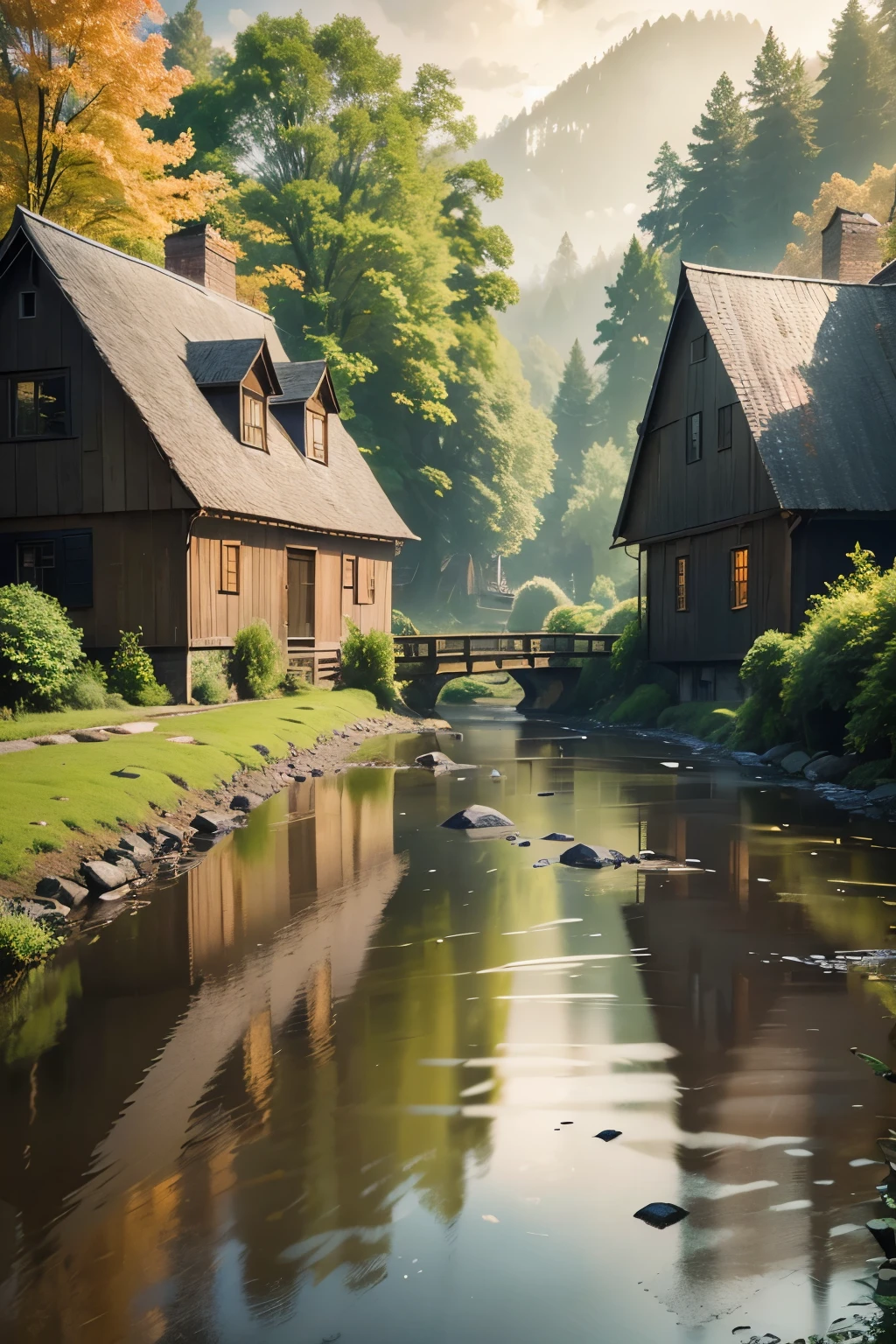a river flowing beside a house, old wooden house, peaceful countryside scenery, lush green trees, reflections in the water, overcast sky, serene atmosphere, golden hour lighting, detailed foliage, mossy riverbank, cobblestone path, rustic charm, atmospheric, cinematic, photorealistic, 8k, best quality, highly detailed, masterpiece
