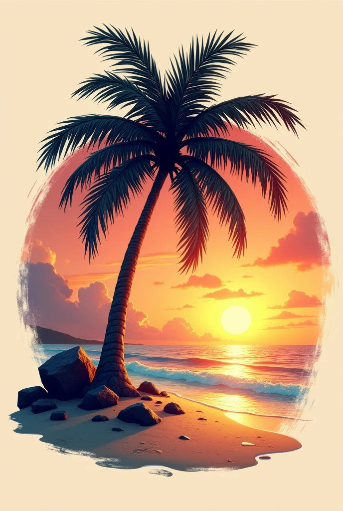 Realistic Logo with a palm tree on an sand island with sunset behind