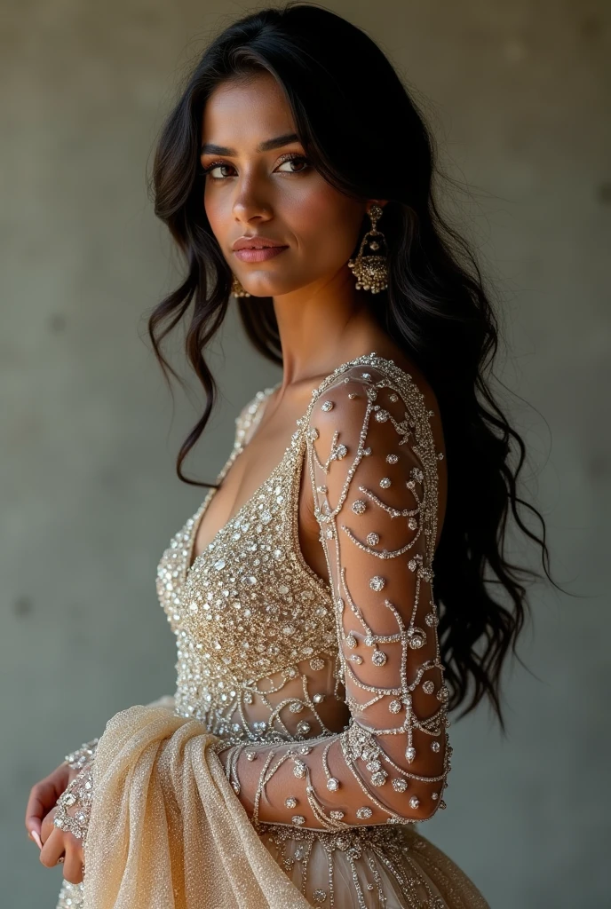 Indian beautiful Pombal Create a photo by hiding diamonds all over the body A beautiful dress full photo