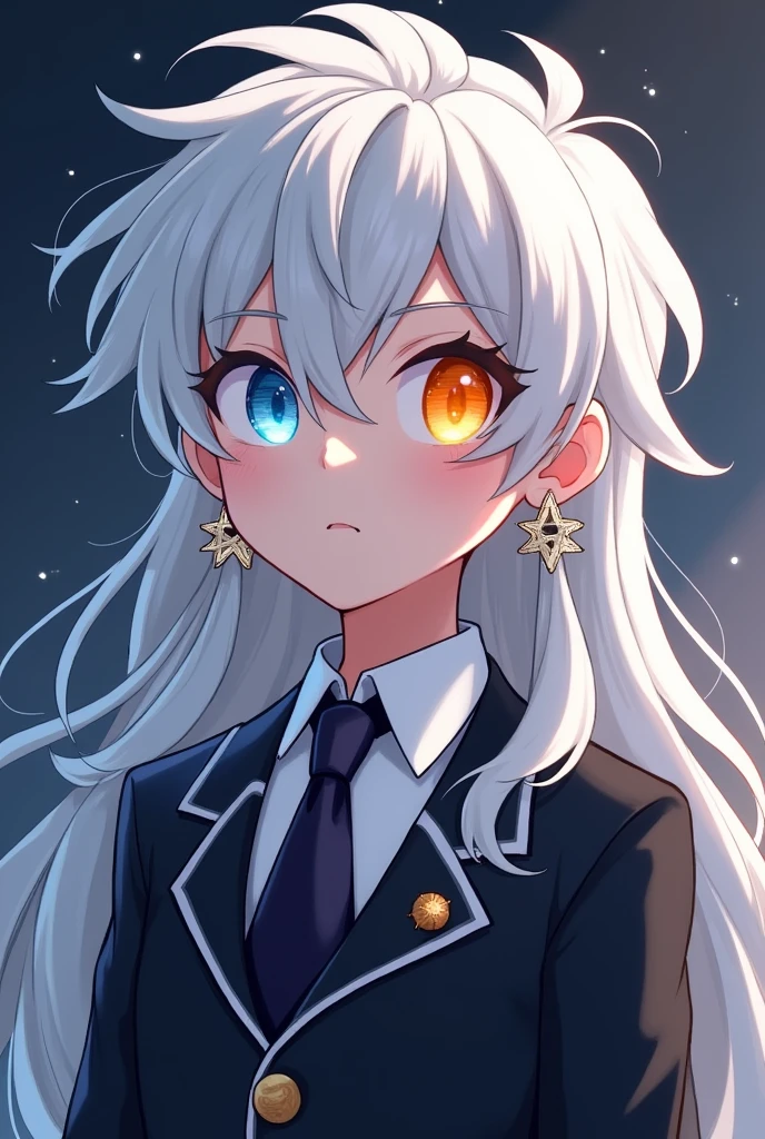 boy, White to silver Shiny hair, wavy and long, One sparkling blue eye, and one shiny orange one, Dark Suit with White Details Resembling stars, two "star" earrings, Solar System Tie.