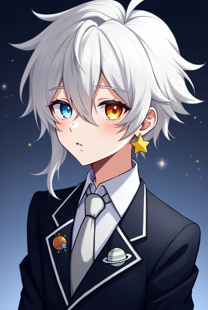 boy, White to silver Shiny hair, wavy and long, One sparkling blue eye, and one shiny orange one, Dark Suit with White Details Resembling stars, two "star" earrings, Solar System Tie.