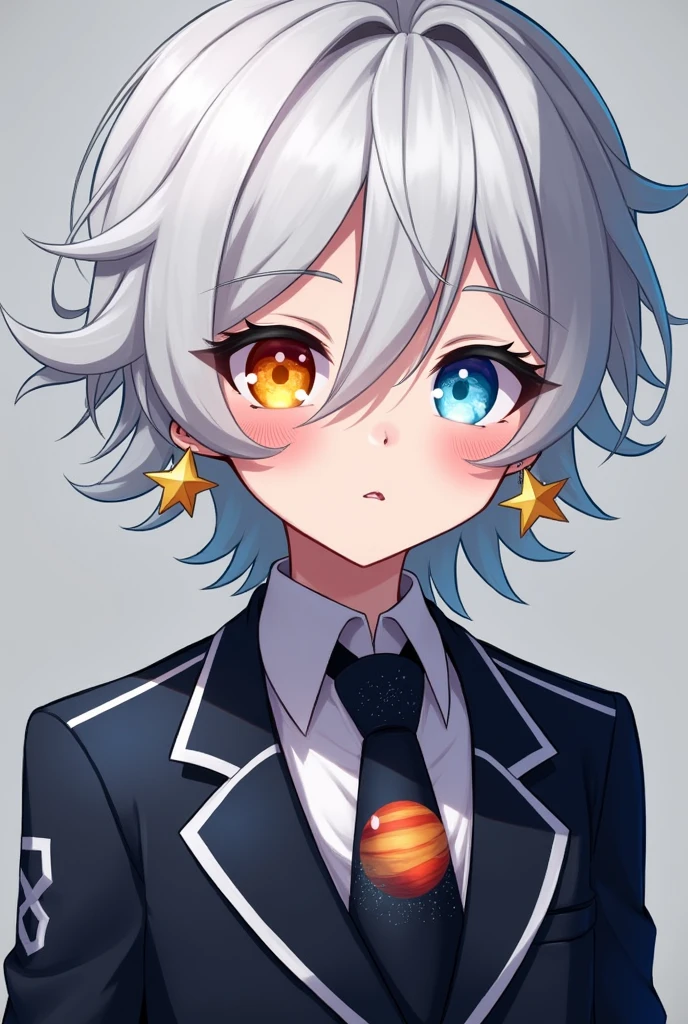 boy, White to silver Shiny hair, wavy and long, One sparkling blue eye, and one shiny orange one, Dark Suit with White Details Resembling stars, two "star" earrings, Solar System Tie.
