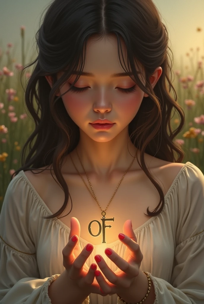 Girl hand holding necklace written letter o and f
