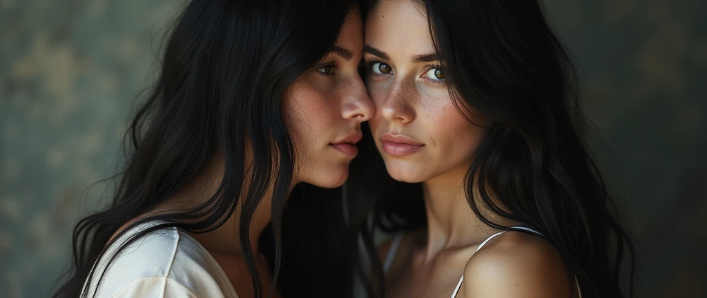 40 years old woman with black long hair and very pale skin and her blonde daughter with freckless have sex, nude, erotic
