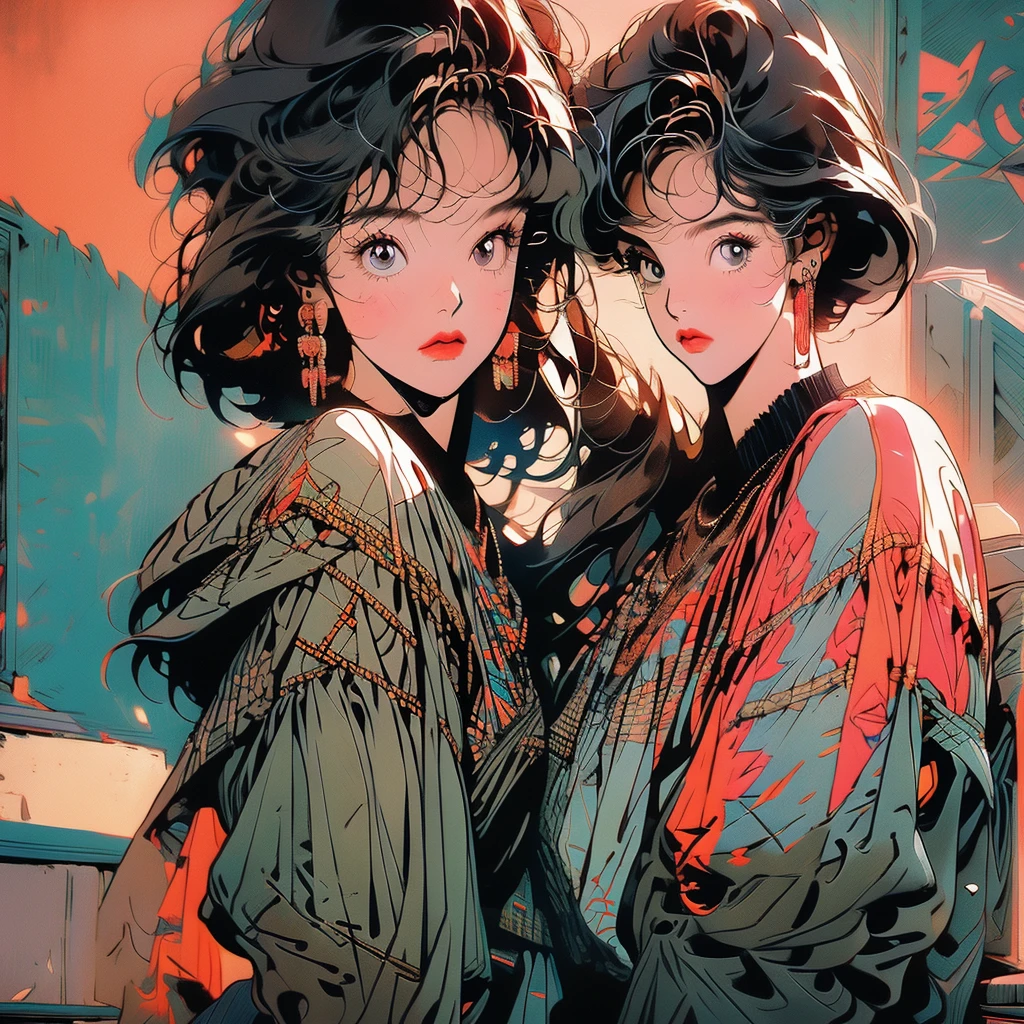 whole body, Upper Body, Have iPhone , Messy room, Apartments, 1 Girl, 4K, Warm colors , short hair , skirt, blouse、Faint lighting、Detailed Hair、Perfect Face、80s fashion、Retro Color、Highest quality、Detailed Background、Complex background、Sunset