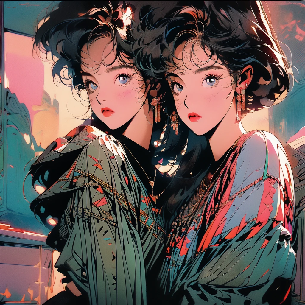 whole body, Upper Body, Have iPhone , Messy room, Apartments, 1 Girl, 4K, Warm colors , short hair , skirt, blouse、Faint lighting、Detailed Hair、Perfect Face、80s fashion、Retro Color、Highest quality、Detailed Background、Complex background、Sunset