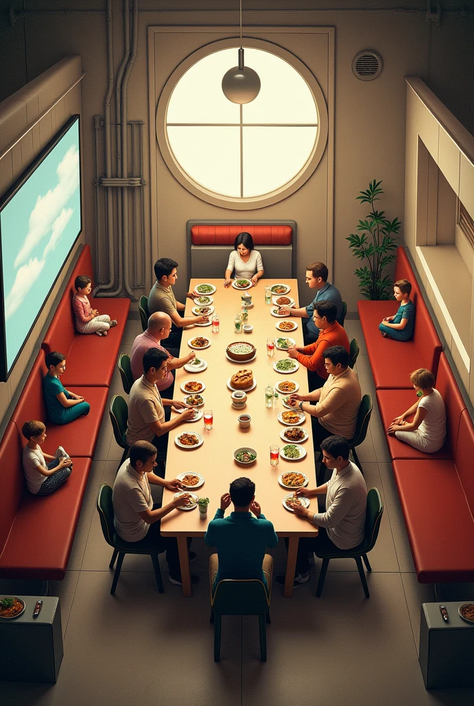 Create a large people feeder with climate, television, chairs and a normal table