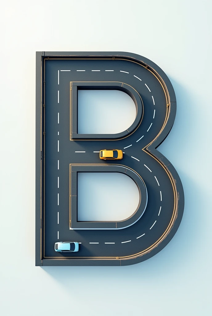 Letter B, letter with the appearance of a highway, with a traffic lane and a car, top view, 8k, High Quality