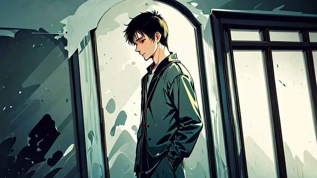 A teenage boy, around , with a slender build, looking out from a window. Outside, a group of kids are playing and laughing. The scene outside is bright and lively, while the boy remains in a dimly lit room, highlighting his sense of separation and isolation.