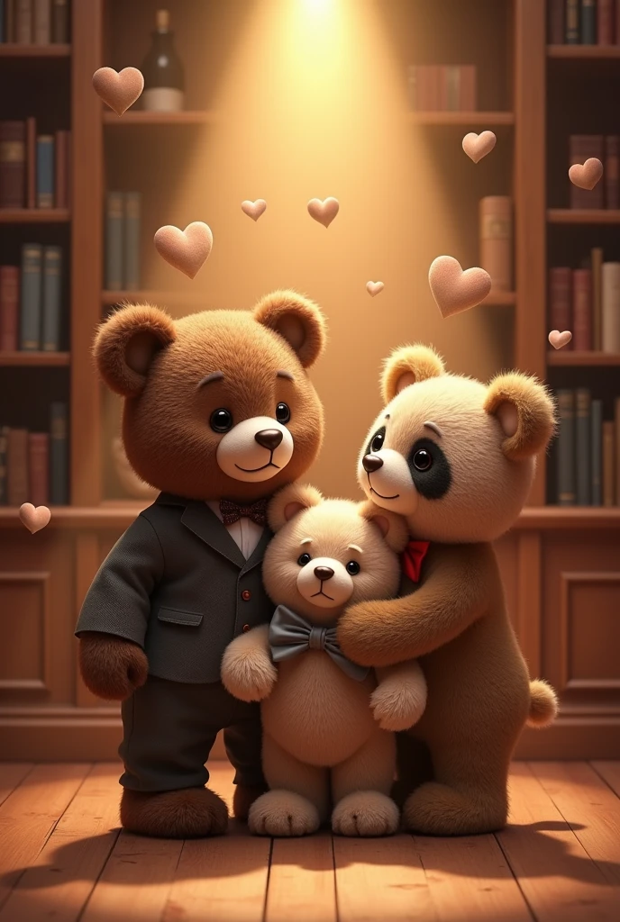 Bookcase in a room , British style, Late afternoon lighting, male brown bear with a bow tie, female panda bear with a satin bow on her head, teddy bear couple hugging in spotlight, just two bears, Amemos, floating hearts, Plush eyes, PICTURE REALISTIC, 4k photo
