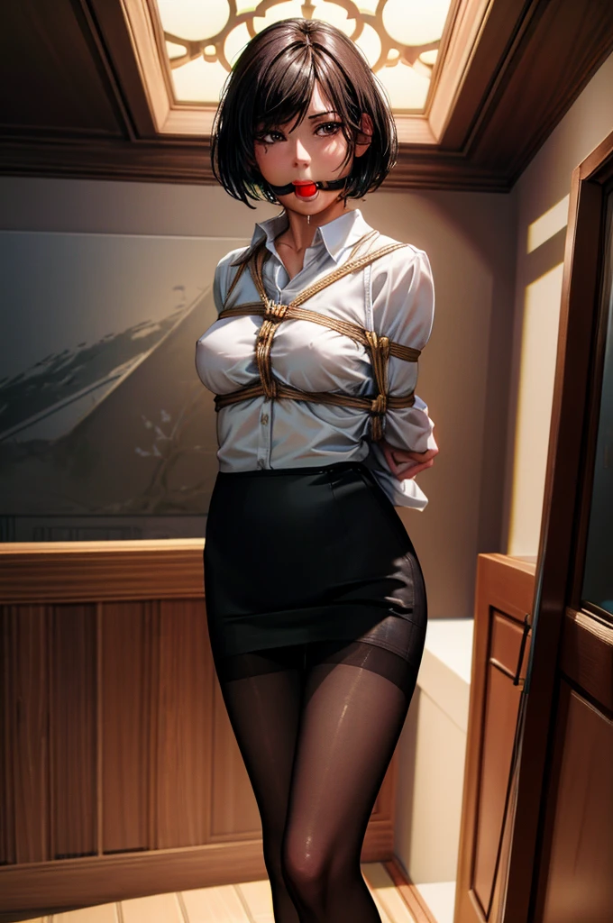 1girl,young girl, shiny skin,big breasts,nice leg line:1.3, thin waist,school uniform, thighhighs,necktie,((pencil skirt)),looking at viewer,from below,full body, ( pantyhose:1.3),(The golden ratio figure),
masterpiece, best quality, best perspective, ultra-detailed and intricate, extremely delicate and beautiful, best quality light, (ray tracing:1.1), anti-aliasing,
realistic,photorealistic,award-winning illustration,(intricate details:1.2),(delicate detailed) (intricate details),(cinematic light,best quality Backlights),clear line,sharp focus,official art,unity 8k wallpaper,absurdres,incredibly absurdres,huge filesize,ultra-detailed,highres,extremely detailed extremely delicate and beautiful,RAW photo, professional lighting,dynamic lighting,light on the face,depthoffield,solofocus,cool beauty,tall woman,black hair,short cut hair,Precisely expresses details such as face and skin texture,beautiful eye,double eyelid,delicate skin,slender body shape,alone,small breast,qbondage (Shibari,hands tied behind back:1.5), (Shibari:1.21),Tied up, legs tied, ballgag drooling