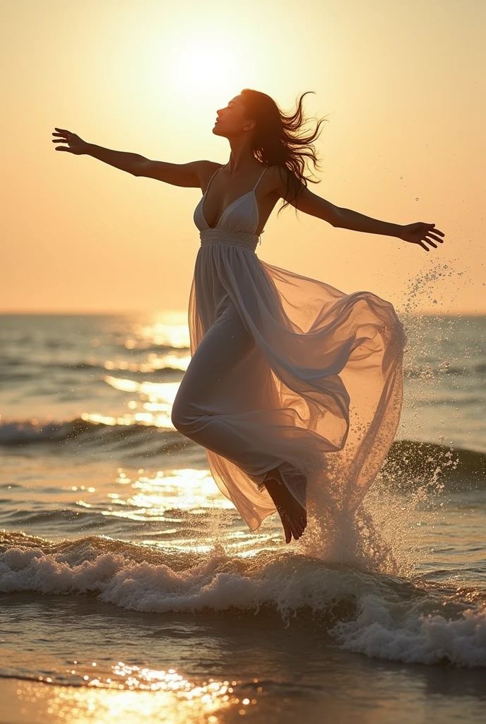 Une femme marocaine, vêtue d'une robe blanche transparente et mouillée, saute gracieusement à la surface des vagues scintillantes de l'océan, et ses mouvements coordonnés ondulent l'eau, dispersant des gouttes dans toutes les directions. Le soleil vibrant commence à se coucher, projetant des nuages ​​​​de plumes au-dessus d’eux et les baignant dans une chaude lumière dorée.