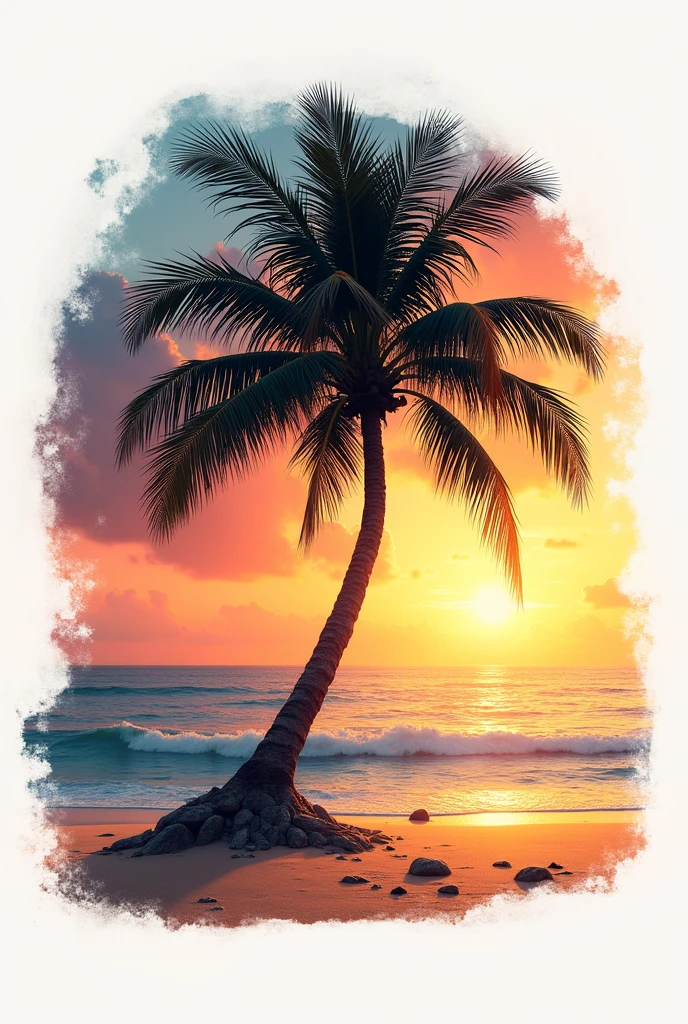 Realistic Logo with a palm tree on an sand island with sunset behind