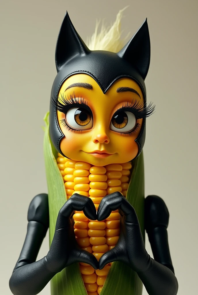 A corn with eyelashes and a Catwoman costume and making a heart with her hand