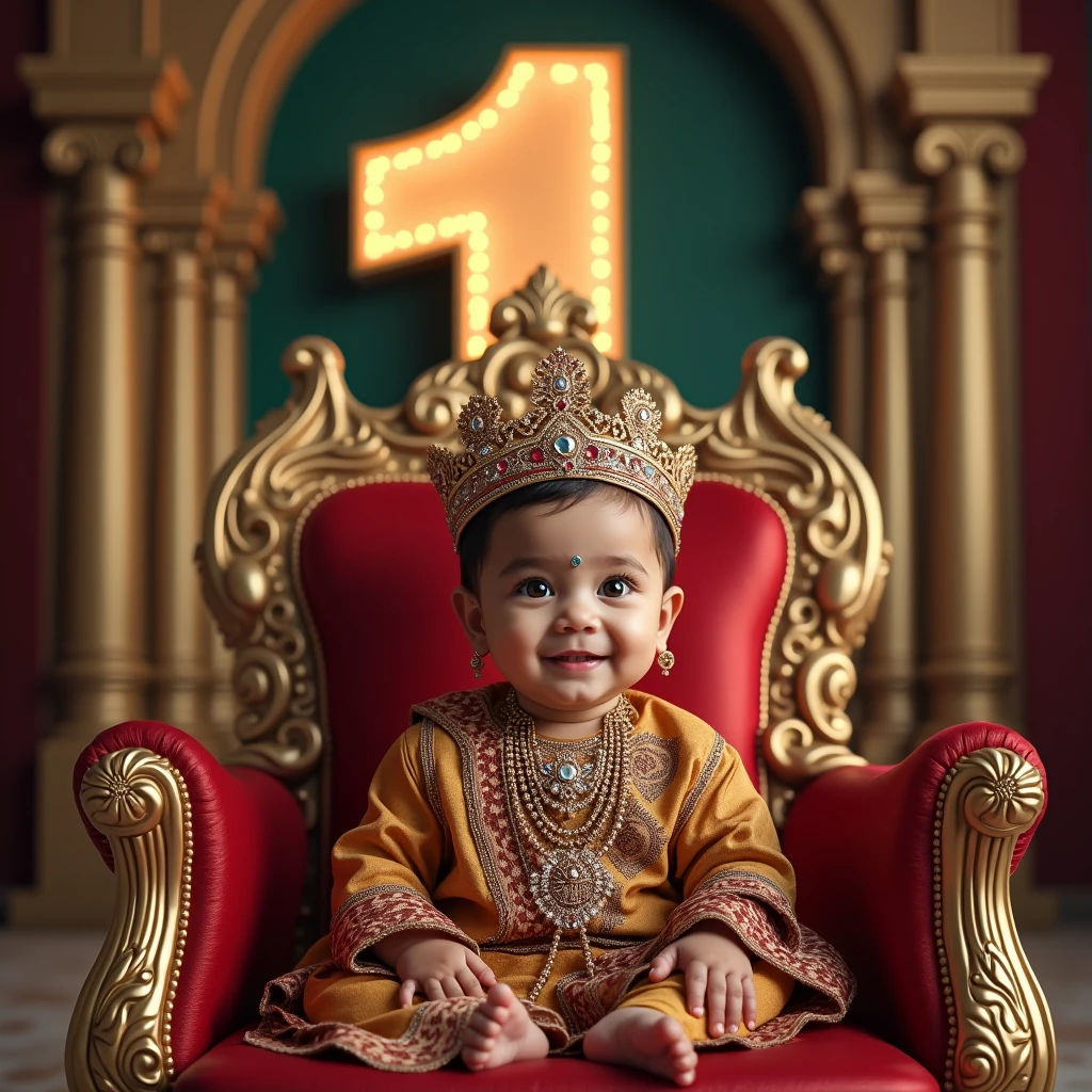 Realistic image of a 1 year old indian baby boy sitting on a grand throne, wearing royal outfits and ornaments, with a crown on his head, surreal and royal, ornated palace arch seen in the background, a large size '1' is seen behind the throne, image should be ultra clear, hyper realistic, high quality 4k , very grandeur pathway, vibrant and lustrous colours, shining and metallic finish 