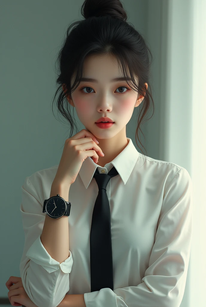 An Asian woman who appears to be 1 in a dress shirt and tie wearing a round black watch, with a round clock 