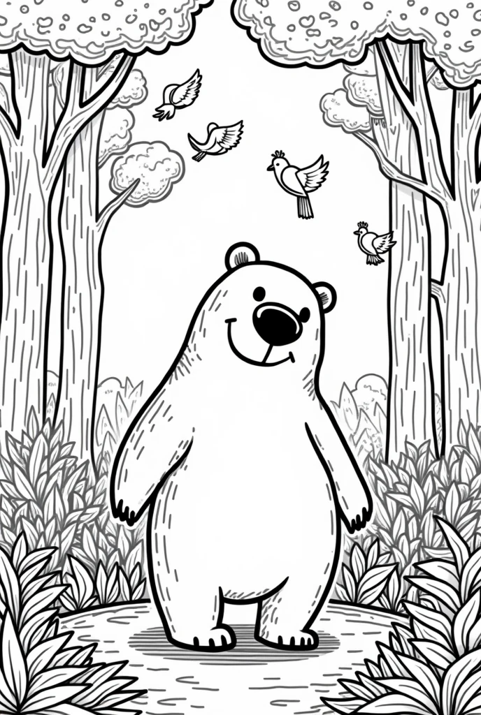 coloring book of a bear walking around the birds in the huge forest, no color, cartoon style, thick lines, strokes only, white background