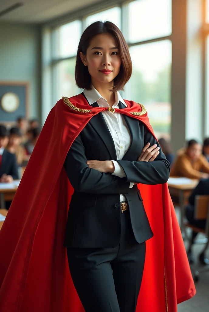 Create a teacher coordinator wearing a superhero cape with short straight hair shoulder length high