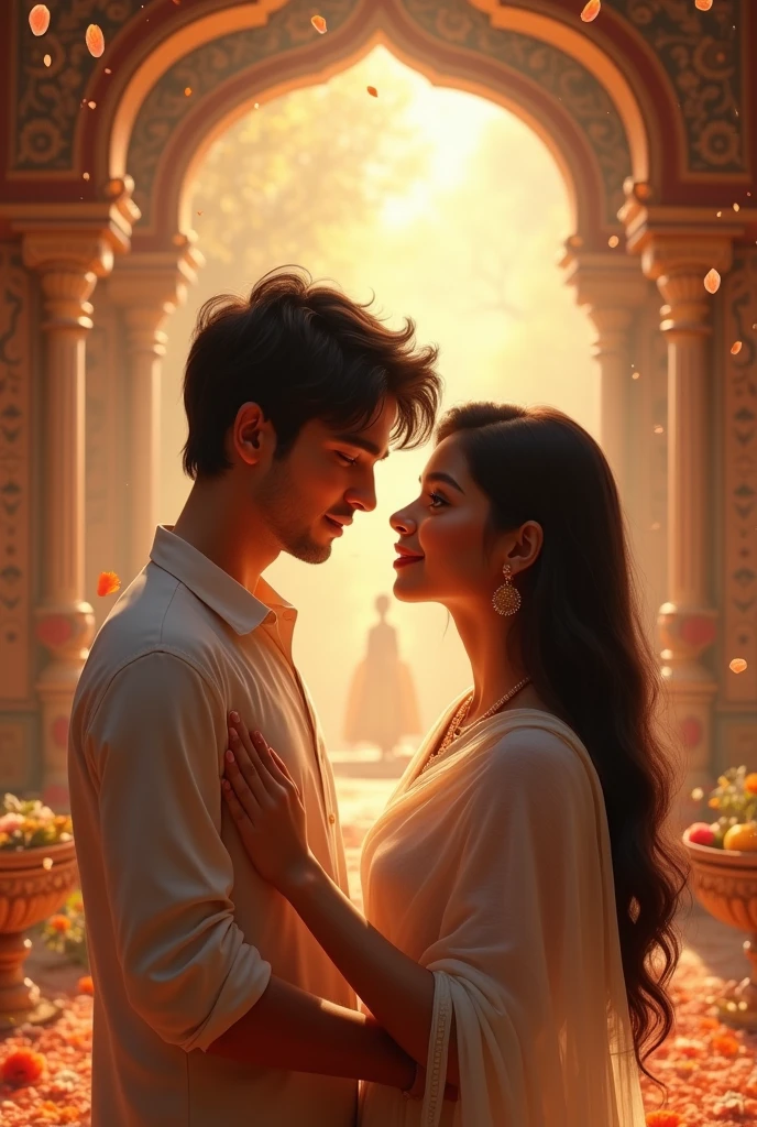 Boy and girl fell in love at first sight at hindu ritual, white indian boy cute indian girl, boy wears ash colour shirt, girls wears white colour half saree.