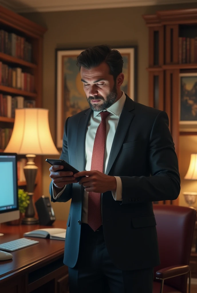 Generate a image of a grown attractive man with a shocking reaction on looking at the mobile phone in a well maintained room having a trading setup
