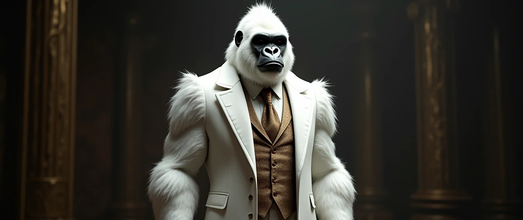 A majestic humanoid gorilla with striking white fur, clad in an ornate white suit and a richly patterned brown tie, stands confidently against a dark, dramatic backdrop, exuding elegance and power.