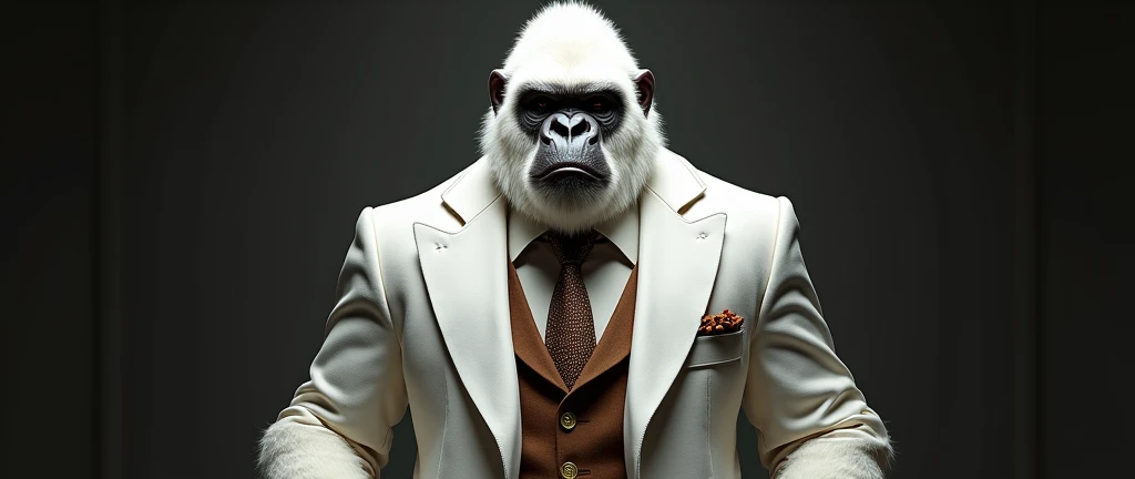 A majestic humanoid gorilla with striking white fur, clad in an ornate white suit and a richly patterned brown tie, stands confidently against a dark, dramatic backdrop, exuding elegance and power.