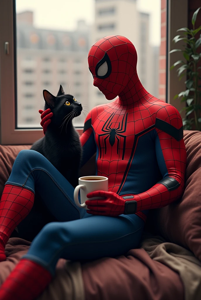 Recreate Spiderman holding a cup of coffee and petting a black cat for a tattoo