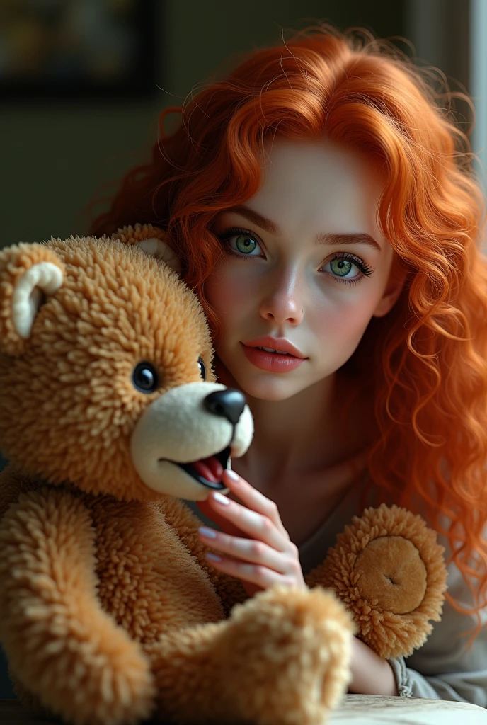 (photorealism:1.2), beautiful woman, long curly red haïr, soft lighting, realistic, intricate details, warm colors, qui est en train de dresser un ourson féroce, humour
