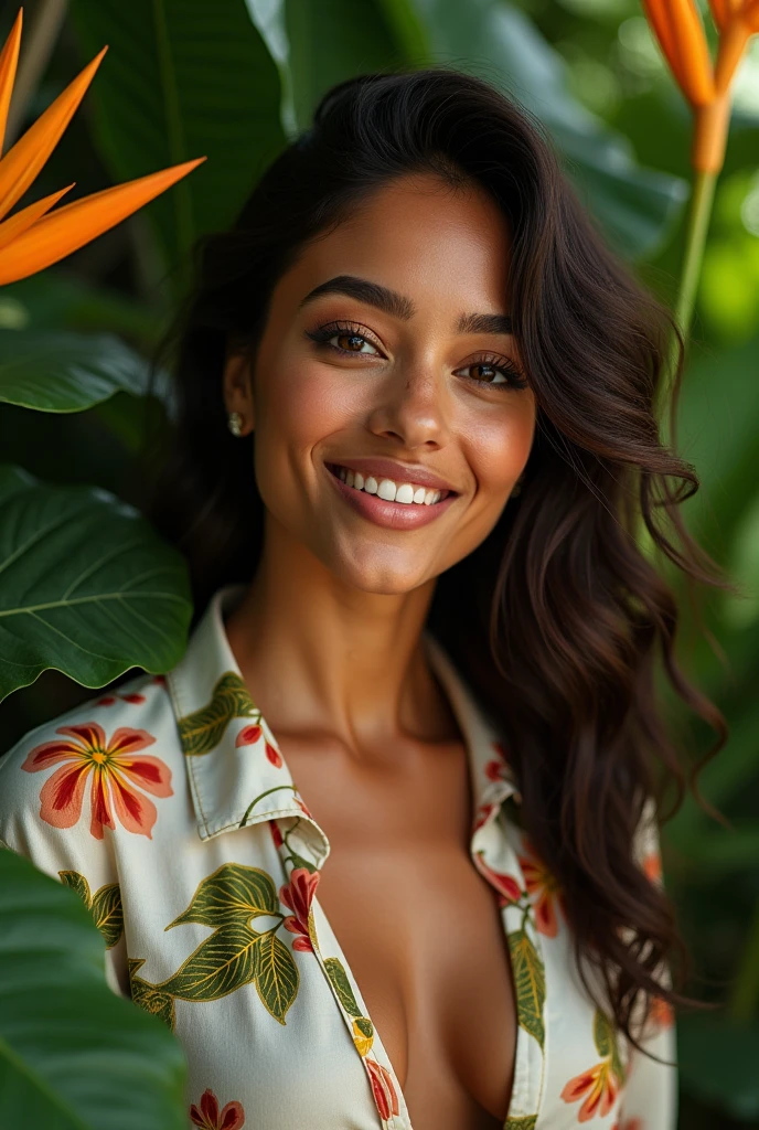 A Brazilian woman in a lush tropical garden, wearing an open shirt with a floral print, with a close-up capturing the harmonious beauty between her breasts and the natural flowers, showing off your natural charm and outgoing personality.