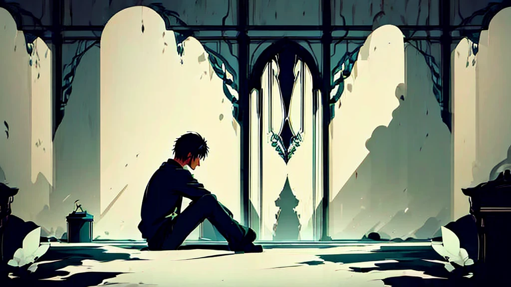 A age boy, around , with a slender build, sitting in his room that feels like a prison. The room is dark and confining, with minimal furnishings and walls that seem to close in on him, emphasizing his solitude.