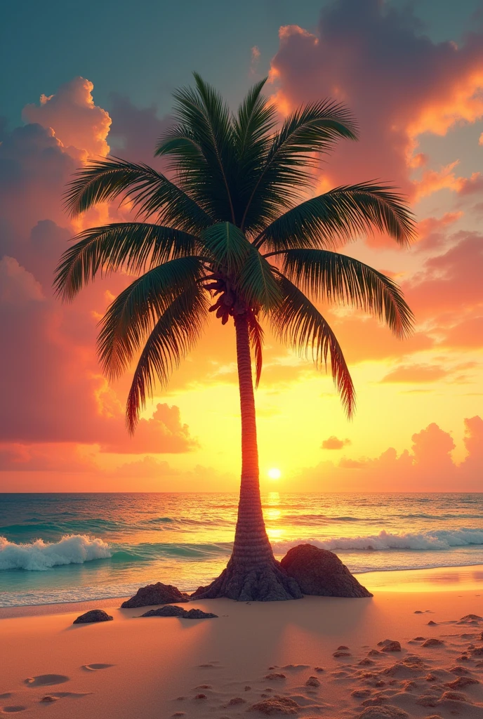 Realistic Logo with a palm tree on an sand island with sunset behind