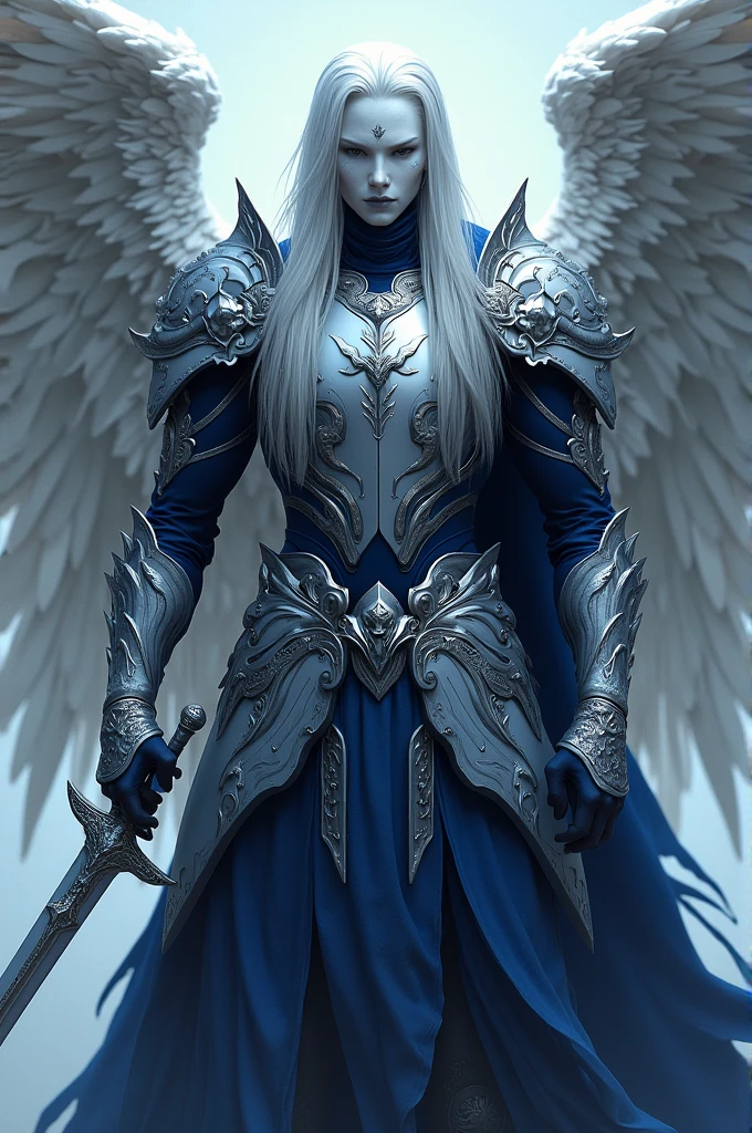 male angel, long straight silver hair, navy blue and silver armor with aquatic life details, face covered with a white mask and sea sword