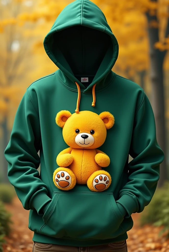 Yellow Teddy bear Print on dark green colour hoodie designs