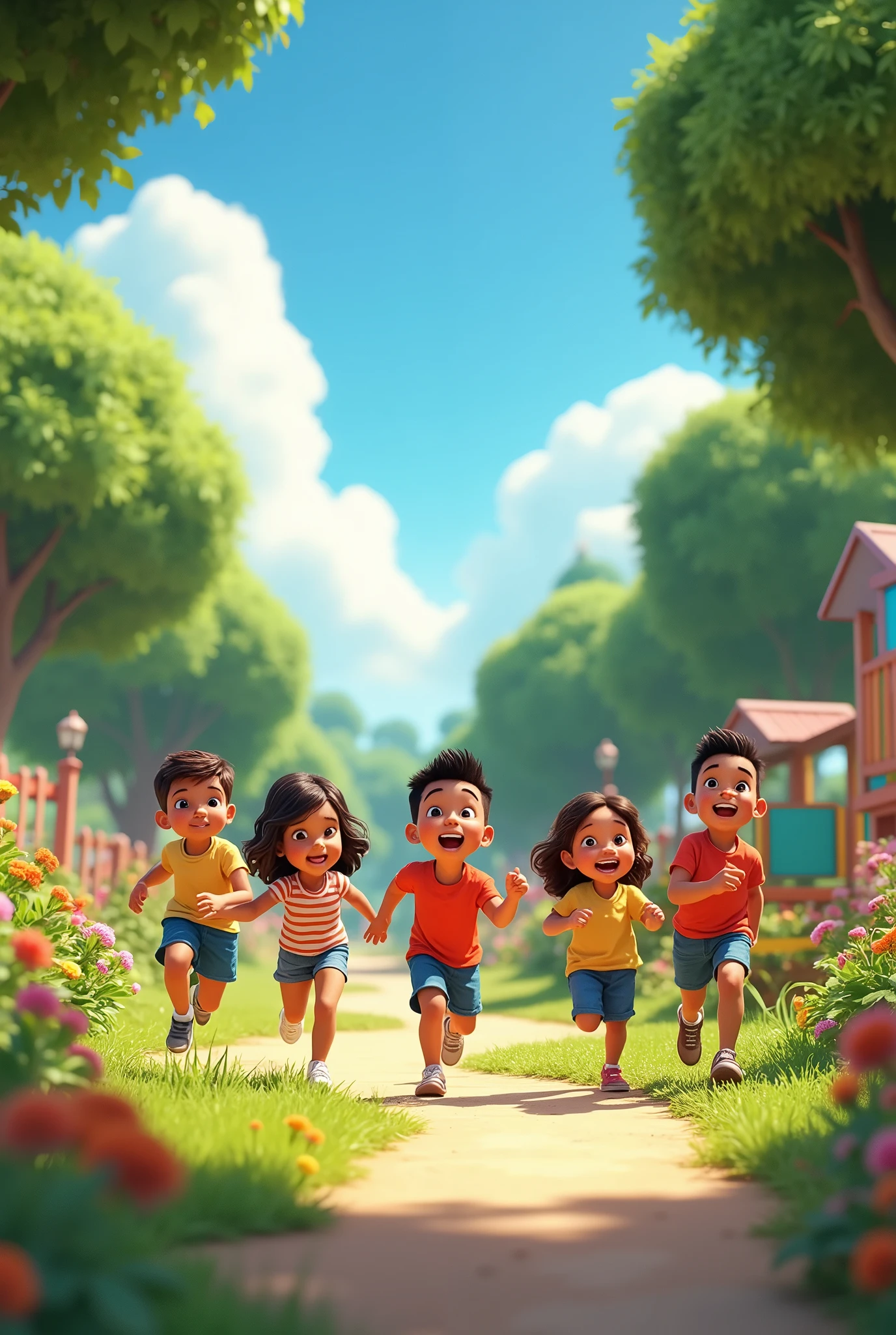 Create a 3d pixar animation style illustration of a group of salvadoran children playing in a park very happy on a sunny day