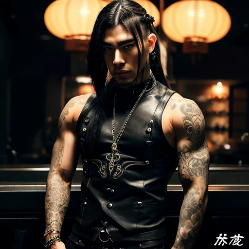 1 man, Japanese man, male, Asian eyes, muscular, broad shoulders, yakuza tattoos, hairstyle Visual Kei style, hair Visual Kei, black men's shirt and black pants, ultra detailed face, hyperrealistic, realistic representation, long hair, long hair, 30 years old, age 30 years, blonde hair, full body view 