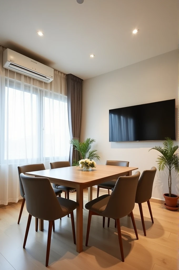 Create a dining room with air conditioning, television, chairs and a normal table