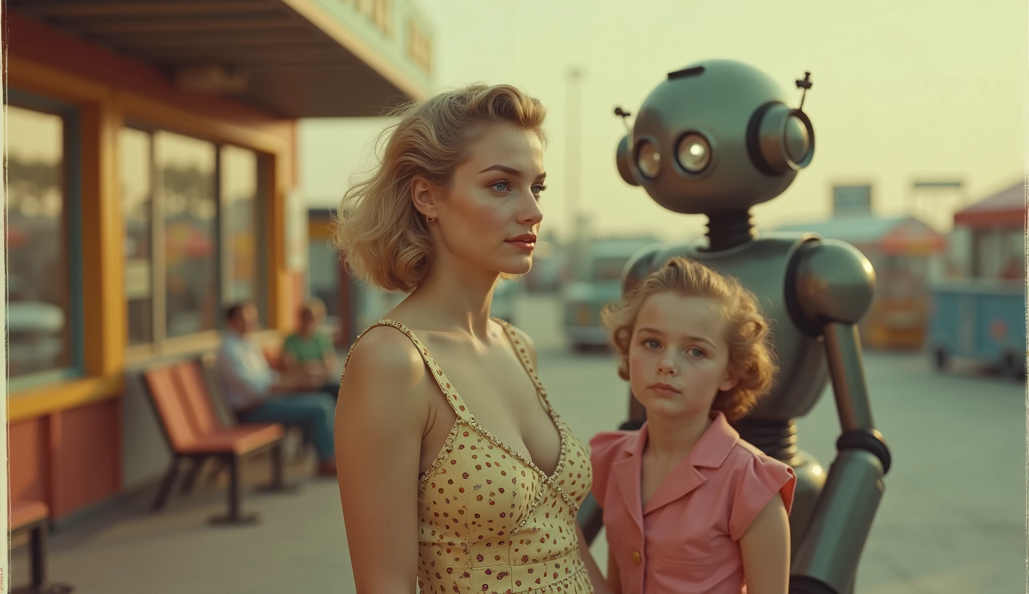 (Masterpiece.UHD.photorealistic analog photography. Polaroid style.40/50/60´s look) an ultra hot gorgeous European woman.age 23. 1960´s random hairstyle blonde hair, voluptuous curvy figure, perfect round cleavage. Full lips. Round Baby face. Huge natural breasts (100 de size). Wearing 40/50´s clothes. In a dystopian retro futuristic world. She’s a mom with her daughter in front a mini market. 1930 clunky robots. early morning light.