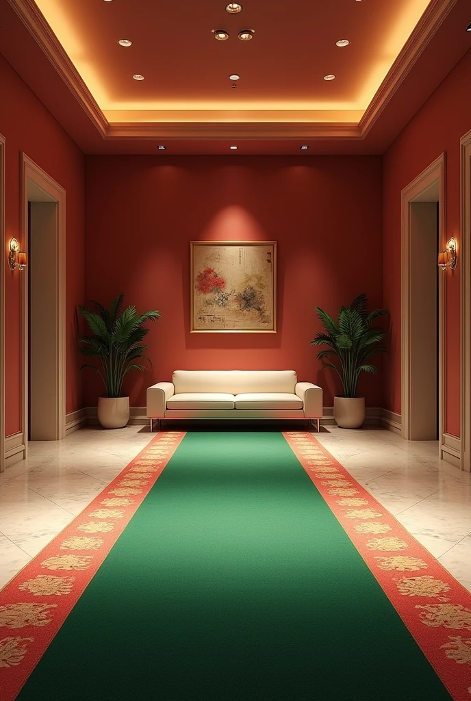 Imagine a 30-meter reception room that is divided into two parts, and one part is a 6-meter green and red carpet, surrounded by a minimal cream-colored sofa.