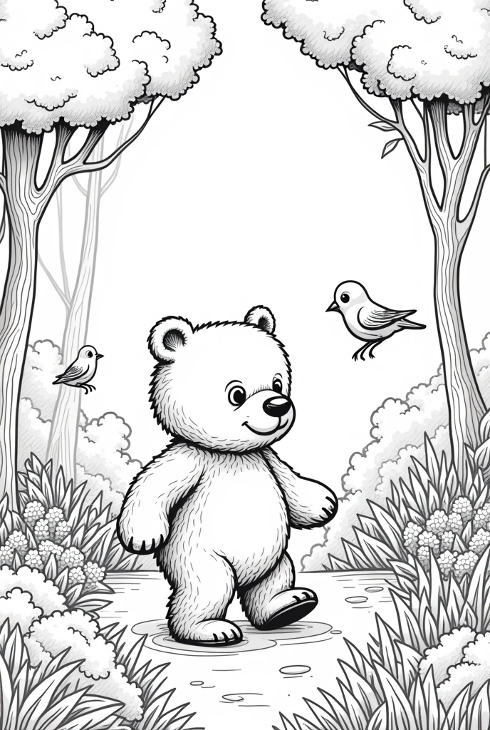 coloring book of a kid bear walking around the birds in the huge forest, no color, cartoon style, thick lines, strokes only, white background