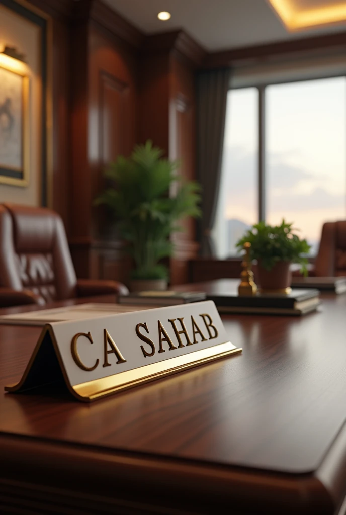 Beautiful office,  CA SAHAB written on nameplate in one single line with prefix CA on office table  in formal font