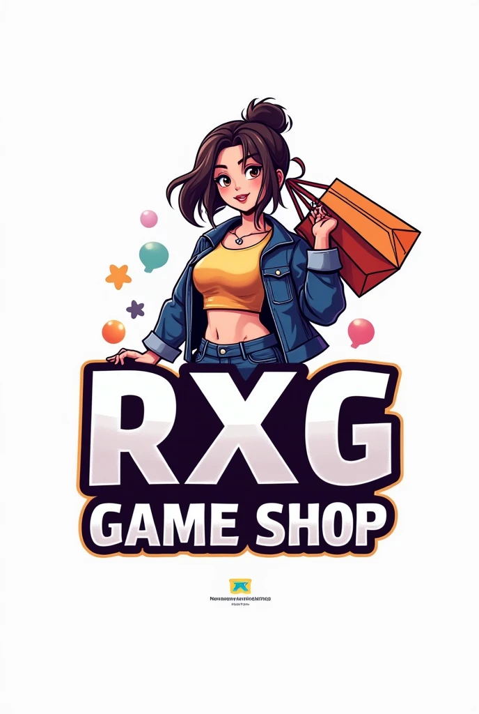 Create a logo where the background is white and a hottie is holding a shopping bag with a design on it that says RXG GAME SHOP below.
