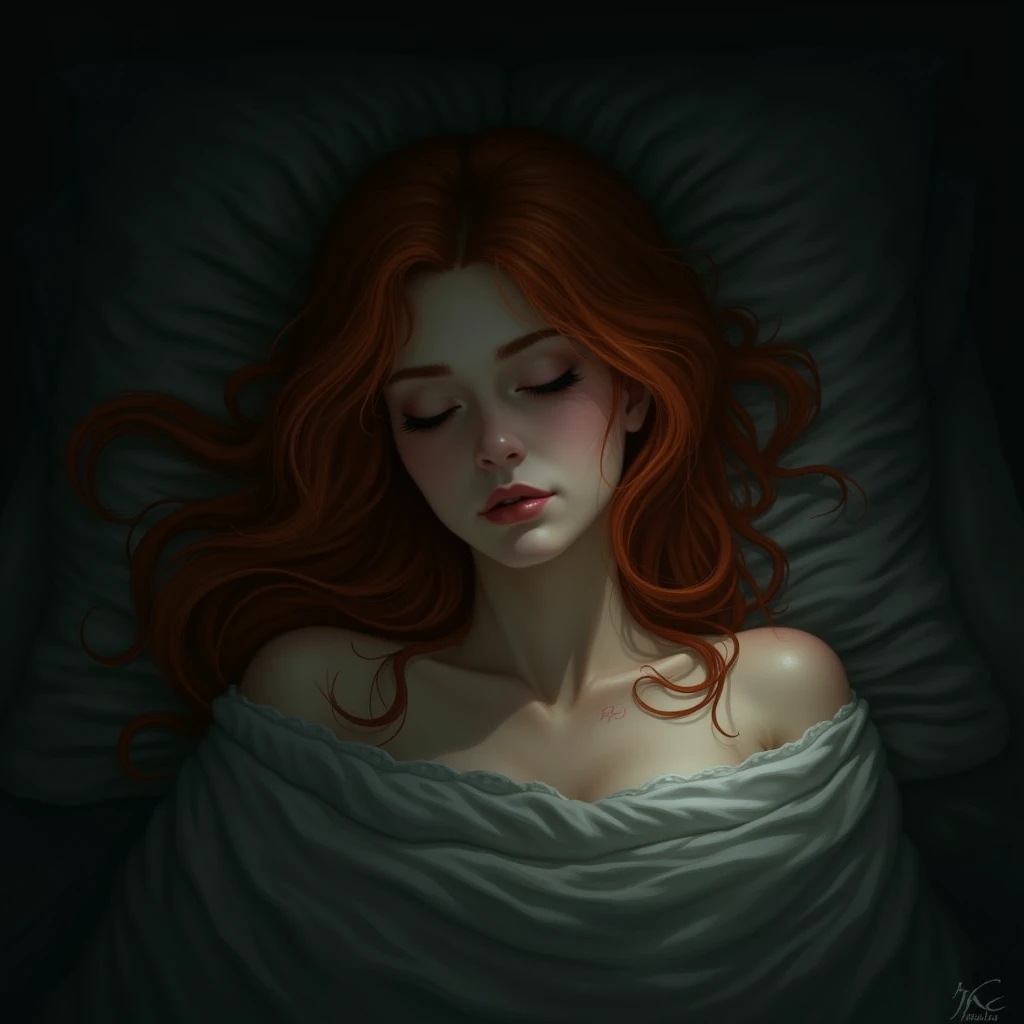 redhead woman waking up in a place full of shadows deep in the darkness