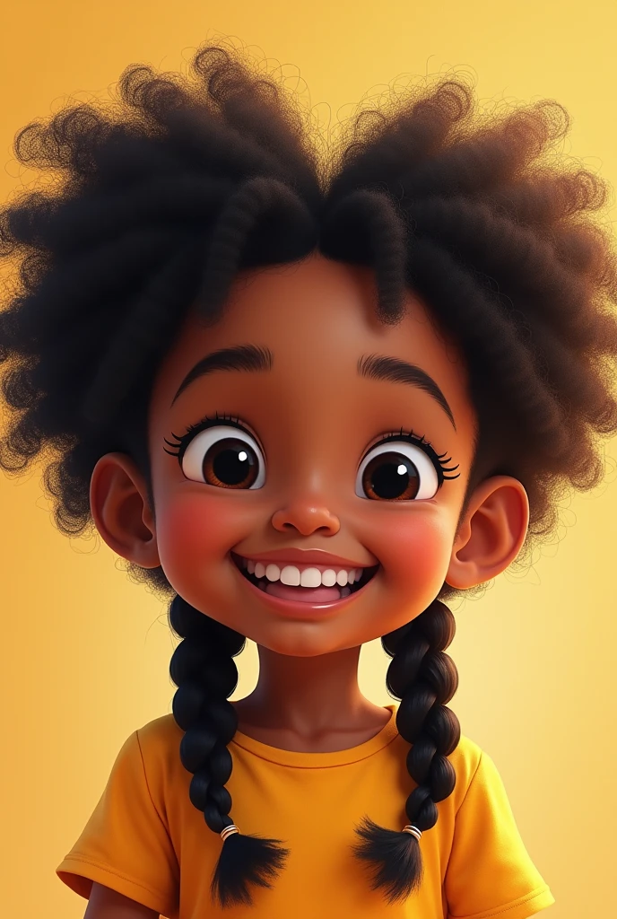 4 year old child, black curly hair with two braids in the hair, eyes black, Grinning,whole body,fair brown-skinned