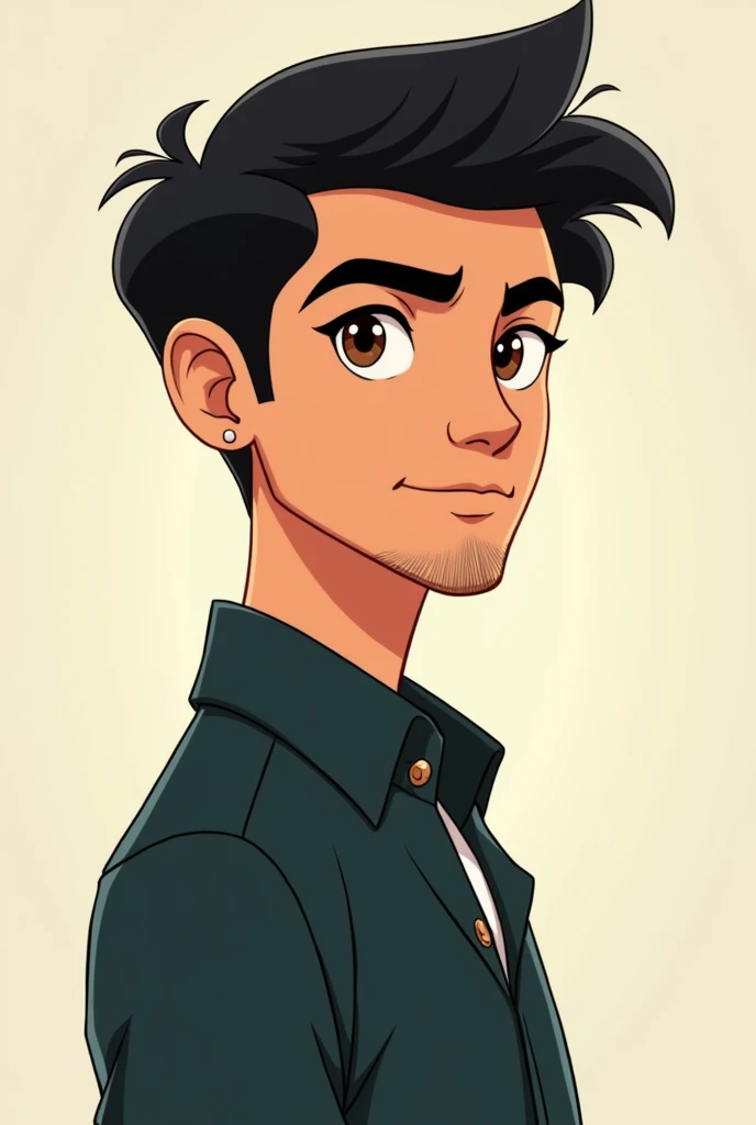 
2d animated pic of boy  human eye brown lips small hair on chin 
and  black hair .human body  stylish hair side pose full body show