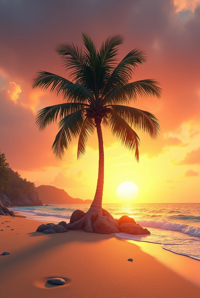 Realistic Logo with a palm tree on an sand island with sunset behind