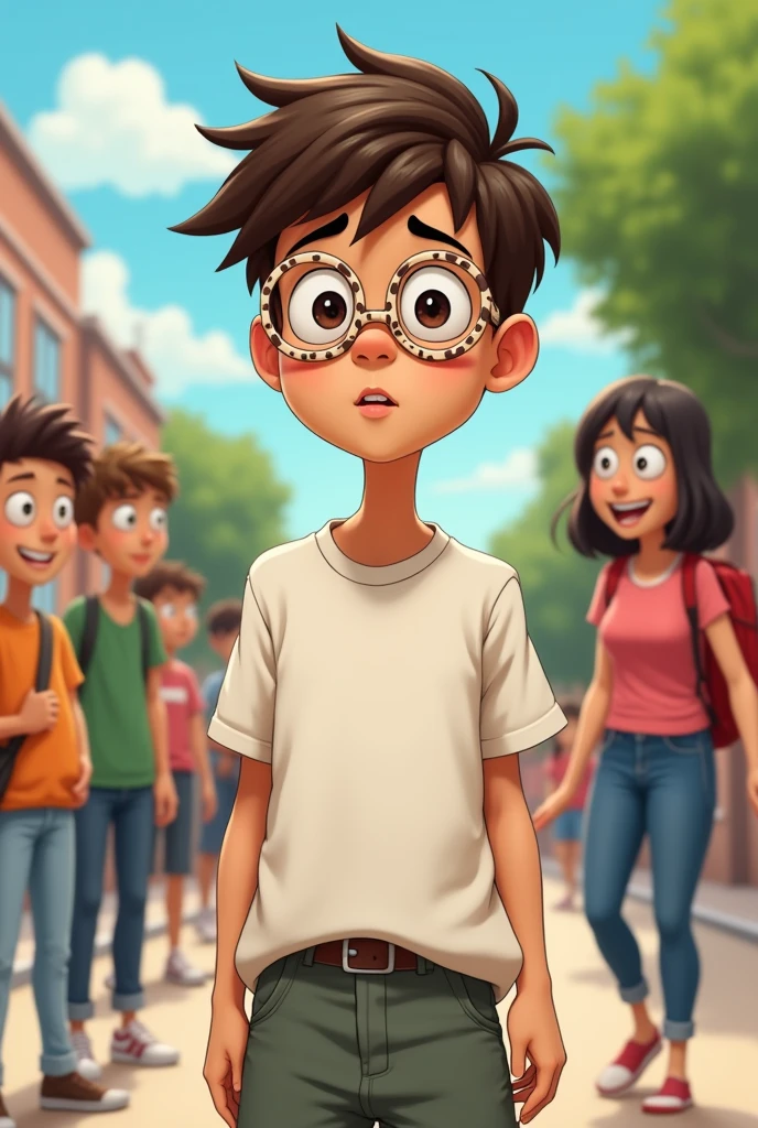 Leonardo (13 year old boy NERDOLA VERY VERY NERDOLA NERD) white and wears leopard print glasses, is cross-eyed and is being bullied (animation)